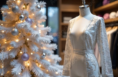 The fabric boutique is decorated in a Christmas theme. In the foreground are a Christmas tree and a mannequin in a dress. In the blurred background are shelves filled with rolls of fabric