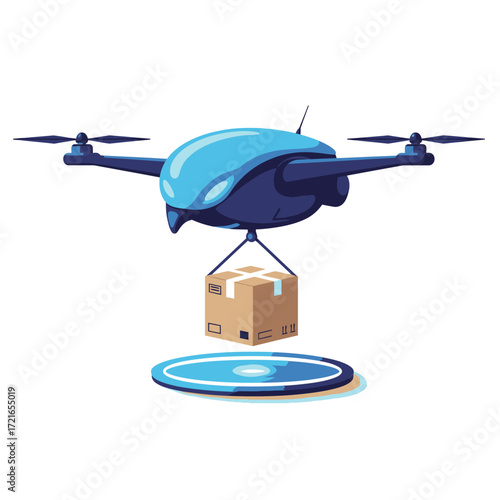A blue delivery drone transports a cardboard package over a glowing platform, symbolizing rapid shipping, advanced logistics, and future e-commerce.