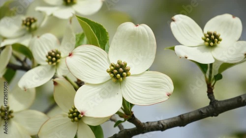 This captures the vibrant beauty of blooming dogwood trees in springtime. The white flowers with red centers stand out against the lush green leaves and a backdrop of a clear blue sky.