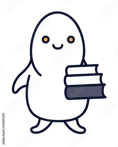 Cute cartoon ghost character holding a stack of books