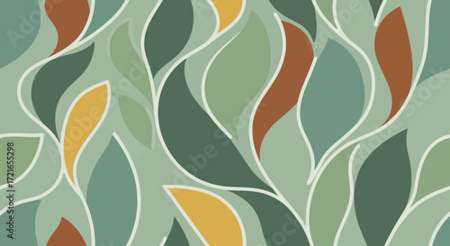 Abstract organic shapes in muted earthy tones create a repeating pattern.