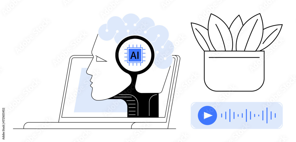 Fototapeta premium Digital brain with AI chip on laptop screen, audio waveform, and potted plant. Ideal for AI, tech innovation, machine learning, voice recognition, automation, human-technology connection simple flat