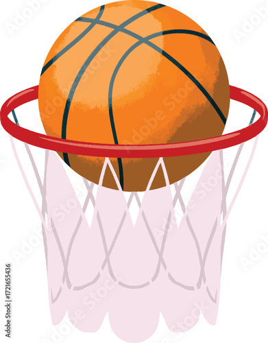 A basketball is in a basketball hoop with a pink net
