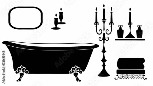 Elegant bathroom interior with bathtub mirror candles and perfume bottles in black and white style art | editable eps vectors silhouette