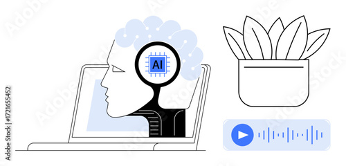 Digital brain with AI chip on laptop screen, audio waveform, and potted plant. Ideal for AI, tech innovation, machine learning, voice recognition, automation, human-technology connection simple flat
