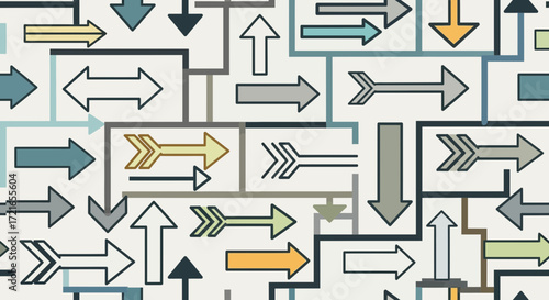 Abstract pattern of many directional arrows in various colors.