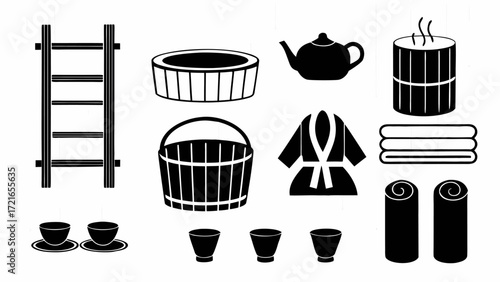 Illustration of sauna accessories including a ladder, tubs, teapot, and other spa elements | editable eps vectors silhouette