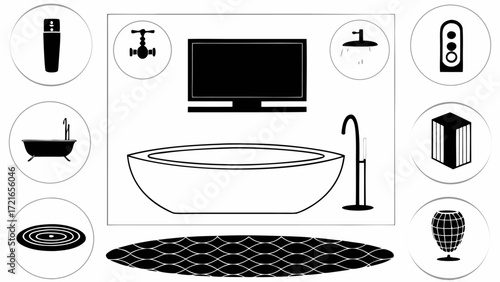 Bathroom interior featuring a bathtub tv shower head and various decorative and functional elements design | editable eps vectors silhouette