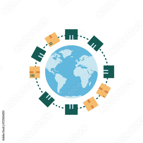 This vibrant flat design illustration depicts a seamless global logistics network, showcasing efficient worldwide package delivery and international e-commerce solutions.