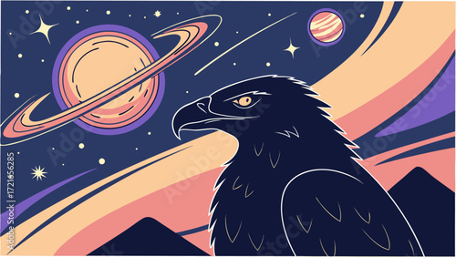 Majestic eagle soars through vibrant cosmic landscape with planets and stars, symbolizing freedom and exploration