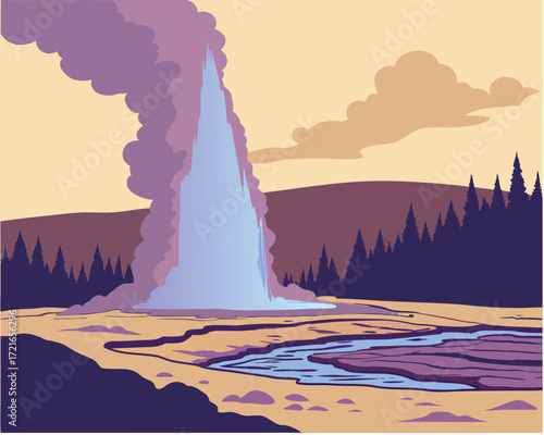 Majestic geyser erupting steam against a dramatic sky, showcasing natural wonder and geothermal power in a serene landscape.