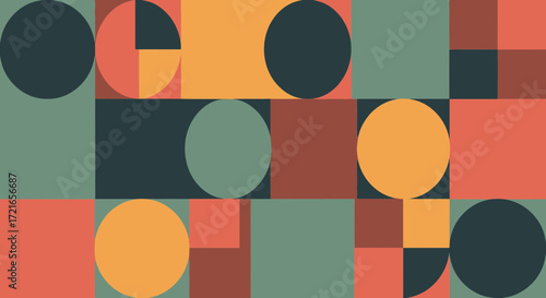 Geometric shapes and circles in muted colors create abstract pattern.