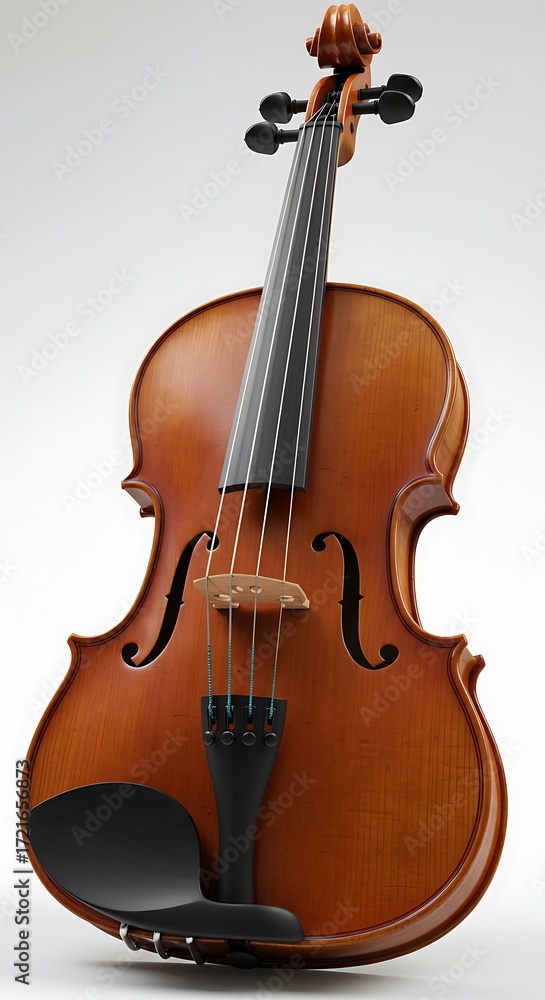 Fototapeta premium Front view of a traditional acoustic violin isolated on a light gray studio background.