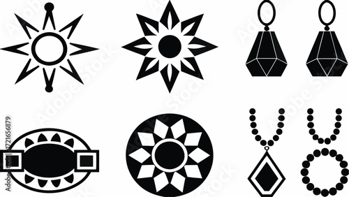 Illustration showing various jewelry items including earrings necklaces and decorative medallions in black color | editable eps vectors silhouette