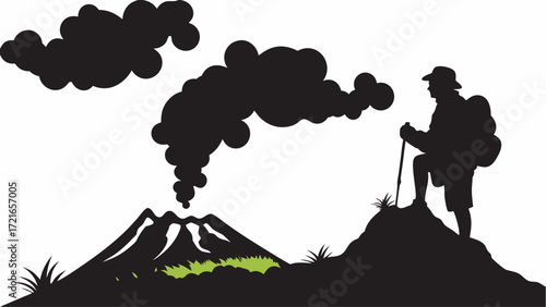 Silhouette of a hiker with backpack on a hill near a volcano spewing smoke into the cloudy sky above it | editable eps vectors