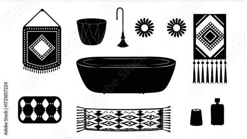 Illustration of a bathroom scene with a bathtub, rugs, flowers, and decorative items in black and white | editable eps vectors silhouette
