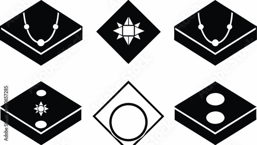Isometric arrangement featuring jewelry necklace star and circle designs in black and white style layout | editable eps vectors silhouette