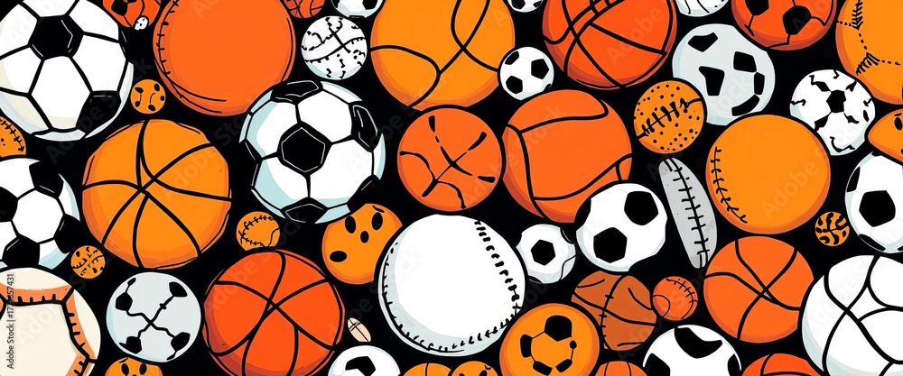 Hand-drawn doodle seamless pattern of various sports balls, training, bowling Hand-drawn doodle seamless pattern of various sports balls, training, bowling