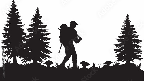 Silhouette of a hiker with backpack and walking stick amidst pine trees and mushrooms in nature scene | editable eps vectors