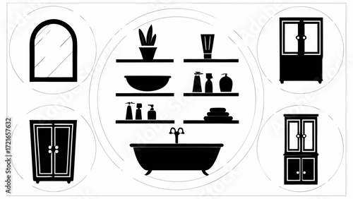 Bathroom interior elements including mirror shelves with accessories and cabinets in black and white style | editable eps vectors silhouette