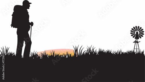 Silhouette of a hiker with backpack and walking stick near a windmill in a grassy field at sunset | editable eps vectors