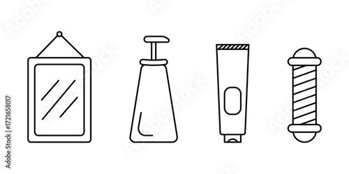 Barber mirror, pump bottle, cream tube, pole, salon decoration, grooming accessory minimal line icon set illustration.