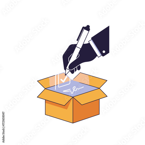 A professional hand with a pen confirms the successful delivery of a cardboard package, symbolizing efficient logistics and secure receipt of goods.