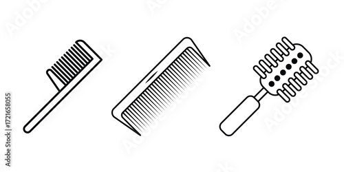Hair comb, styling brush, grooming tools, barber accessory, salon essentials line vector icon set illustration.