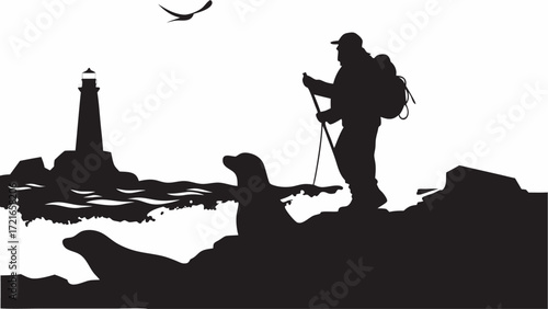 Silhouette of hiker with seals and lighthouse on a rocky coast with a bird flying overhead near the ocean | editable eps vectors