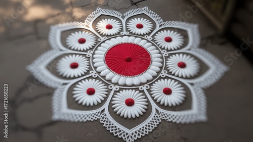 Intricate white and red floral rangoli design on ground