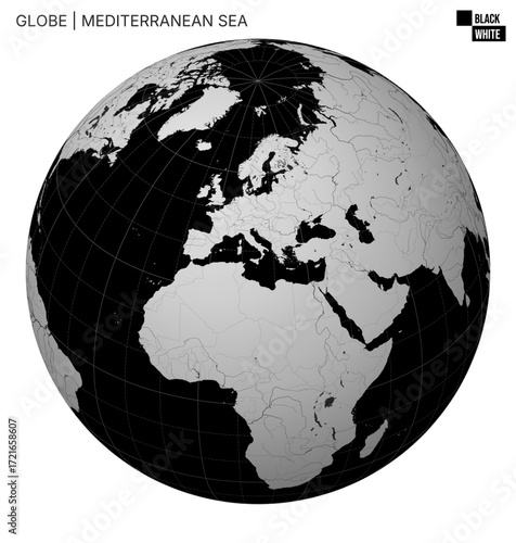 Vector Globe centered to Mediterranean Sea. Black White palette. World map with meridians, parallels, countries, rivers and lakes. Neat vector illustration.