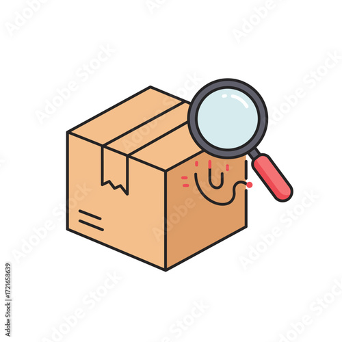 A magnifying glass meticulously examines a sealed brown cardboard package, symbolizing thorough inspection, quality assurance, and efficient delivery processes.