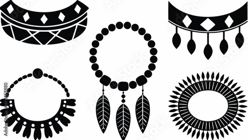 Illustration of various black and white tribal necklaces and beaded jewelry designs in vector format | editable eps vectors silhouette