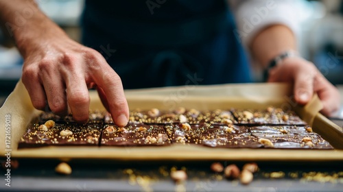 Discover a delectable gourmet chocolate bark crafted by a skilled chef, featuring crunchy hazelnuts and a rich, smooth chocolate base. Perfect for food photography enthusiasts seeking stunning