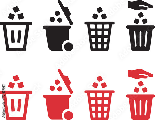 trash can, bin, waste, garbage, disposal, recycle, refuse, litter, container, icon, symbol, set, collection, delete, remove, clean, hygiene, black, red, white background, graphic, design, illustration