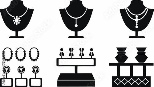 Illustration of jewelry displays with necklaces on mannequins, beaded necklaces, and decorative vases on stands | editable eps vectors silhouette