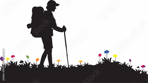 Silhouette of a hiker with backpack and walking stick amidst colorful flowers in a field landscape view | editable eps vectors