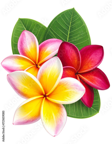 Vibrant plumeria blossoms with tropical leaves
