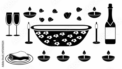 Romantic spa day setup with champagne, candles, bath, and rose petals for a relaxing experience | editable eps vectors silhouette