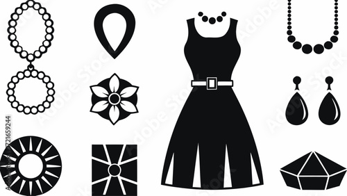 Illustration of a black dress with jewelry including necklaces earrings and other accessories items | editable eps vectors silhouette