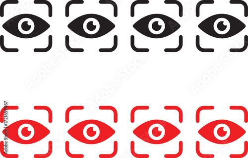eye, scan, vision, icon, symbol, graphic, design, set, collection, surveillance, tracking, security, observation, focus, sight, detection, biometric, technology, black, white, red, squared frame, pupi