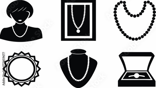 Illustration showing a woman with necklace, jewelry display, and ring in a box on a white background | editable eps vectors silhouette
