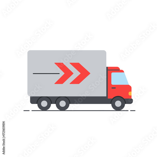 A modern red and gray delivery truck, prominently featuring a fast-forward arrow, symbolizing efficient and rapid courier services and logistics.