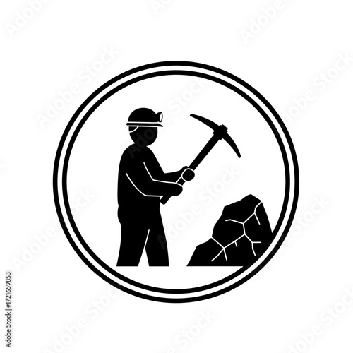 Mining icon showing miner with pickaxe extracting rock in a simple design