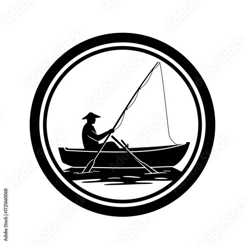 Fisherman in boat logo emblem, capturing the spirit of outdoor adventure