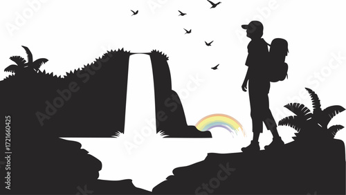 Silhouette of a hiker with backpack near a waterfall and palm trees with birds flying above the water | editable eps vectors