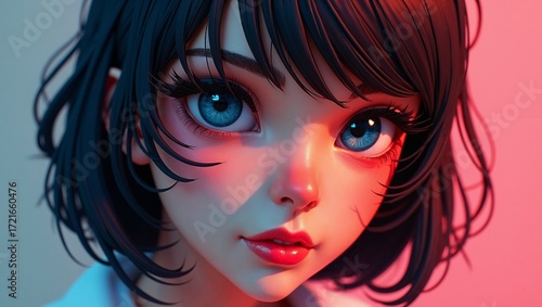 Character portrait of young woman with big blue eyes and short hair on soft background