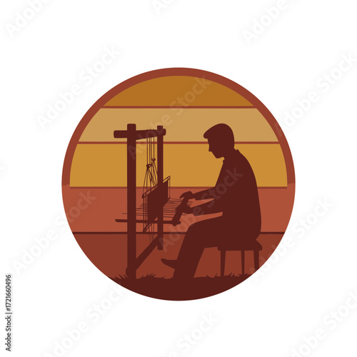 Weaver silhouette working at loom with sunset backdrop in vintage style
