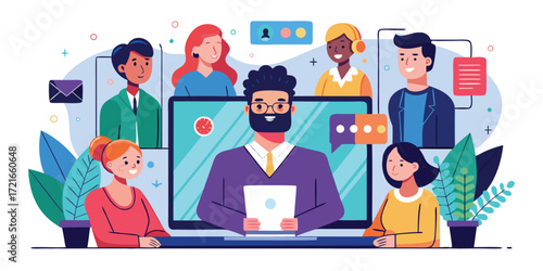 Online business meeting video call with remote co-workers illustration. Vector cartoon illustration of a group of diverse people doing analytics on a laptop monitor via video 