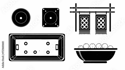 Illustration of a round object, square object, hot tub, hanging rugs, and bowl of fruit in black and white | editable eps vectors silhouette
